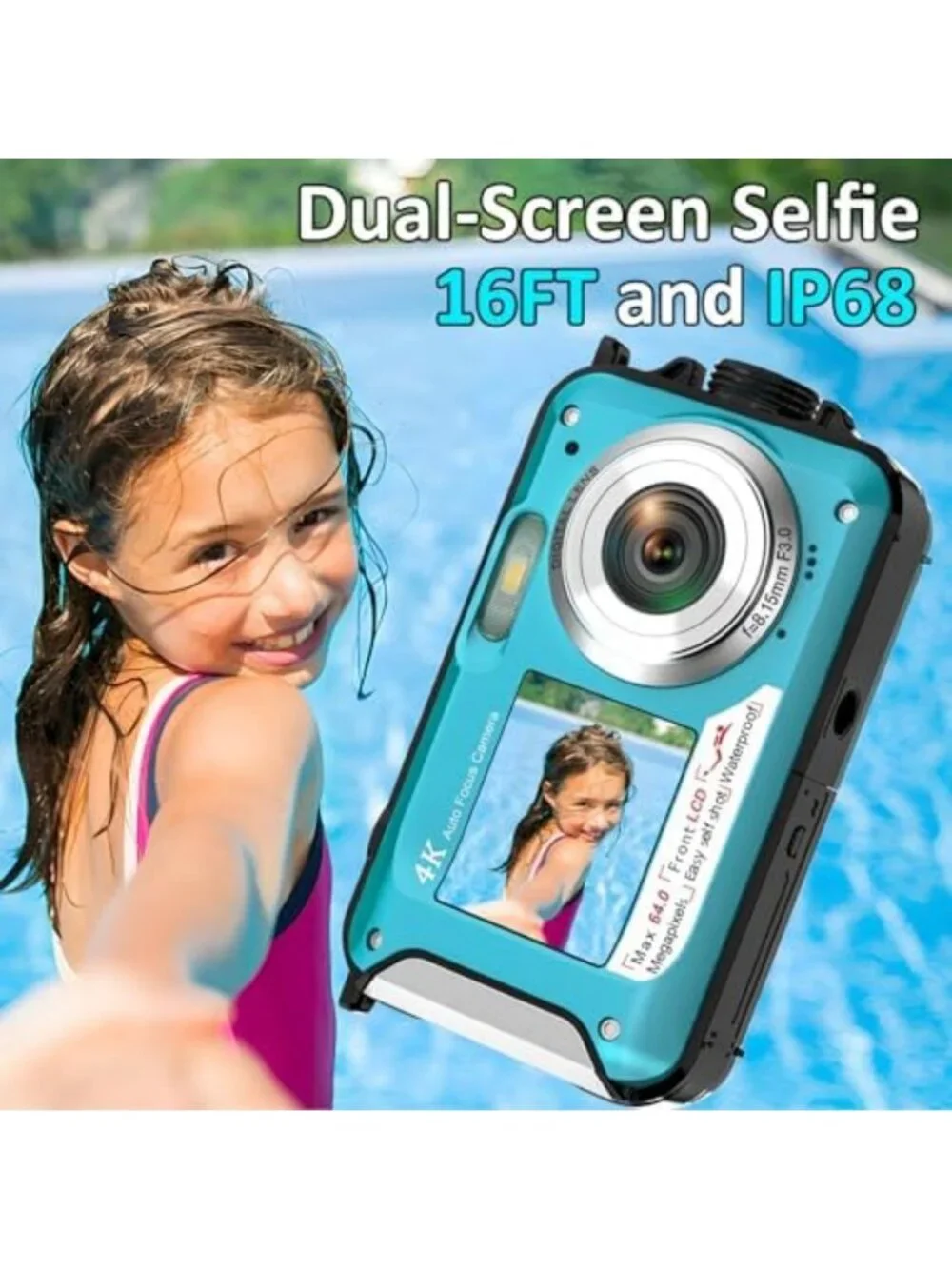 4K Waterproof Underwater Camera, 16FT Depth, 64MP Dual-Screen for Adventure